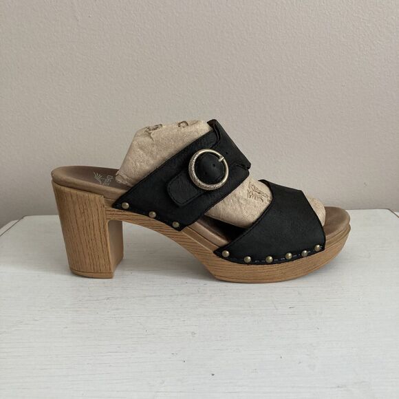 Dansko Black Leather Slide Slip On Sandals Heels Studs Size 41 Buckle Platform - Picture 5 of 11